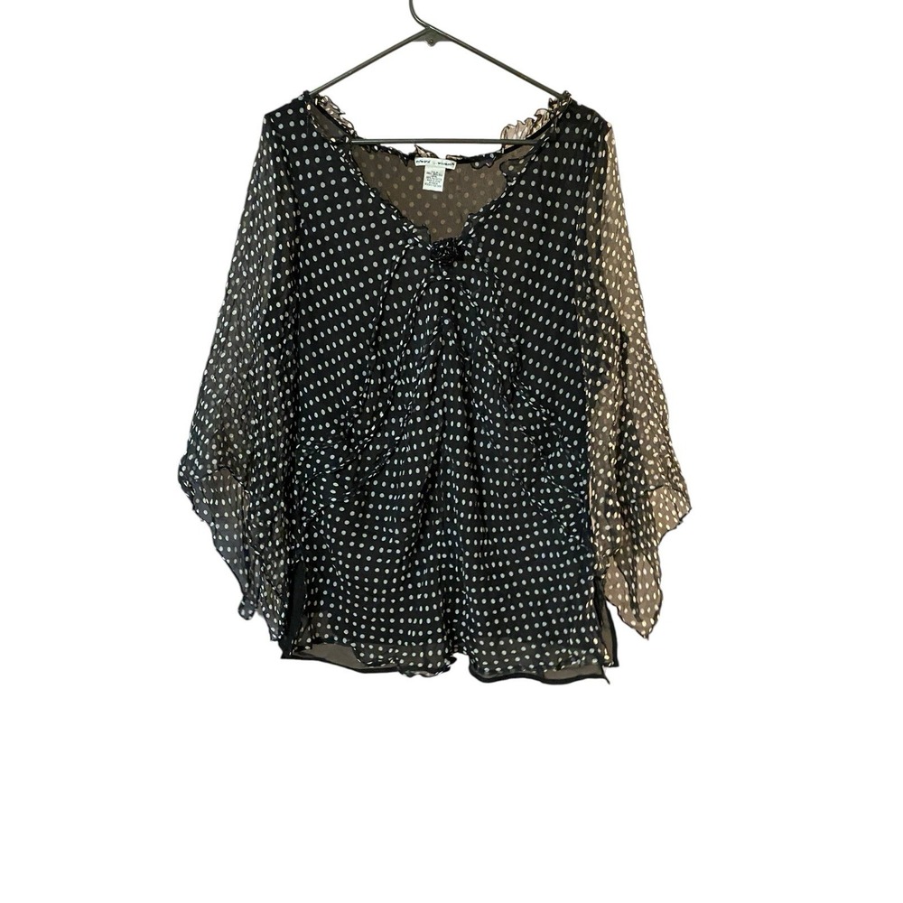 Edward Woman 1X Silk Blouse Black White Polka Dot Ruffle V Neck Sheer Chiffon